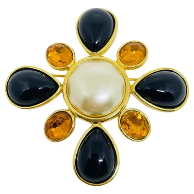 Pre-owned Joan Rivers Vintage  Gold Tone Pearls Rhinestones Maltese Cross Designer Brooch In Multi