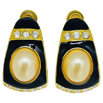 Pre-owned Joan Rivers Vintage  Signed Gold Tone Pearl Rhinestones Enamel Designer Earrings In Multi