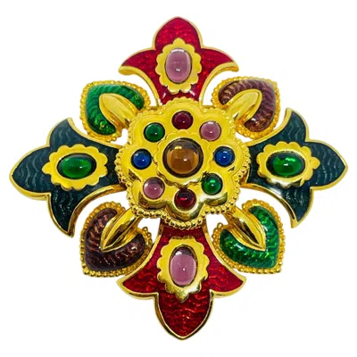 Pre-owned Joan Rivers Vintage Maltese Cross Gold Tone Jewel Glass Enamel Designer Brooch In Multi