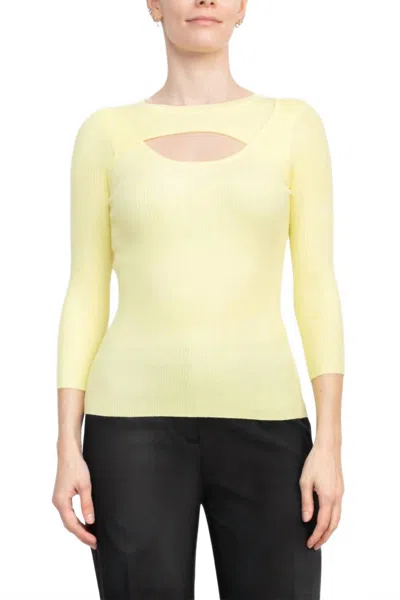 Joan Vass 3/4 Sleeve Ribbed Pullover Cutout Chest Detail Knit Top In Light Yellow