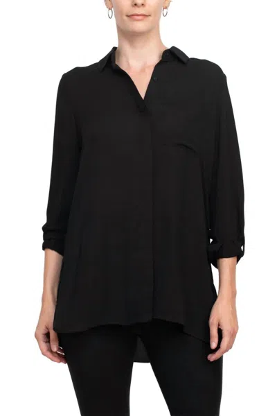 Joan Vass Collared 3/4 Sleeves Chiffon Crepe Shirt In Black