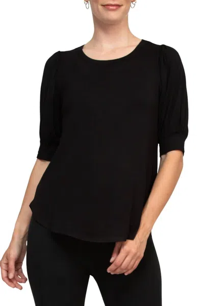 Joan Vass Short Shirred Sleeve Shirttail Hem Blouse In Black