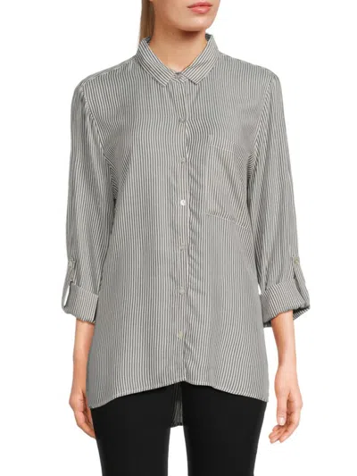 Joan Vass Women's Stripe Tab Sleeve Shirt In Black Ivory