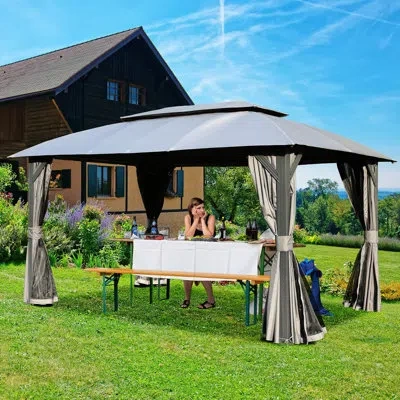 Joanna Vargas 10x14ft Grey Gazebo. Double Roof, Netting, Waterproof Curtains. Heavy Duty Metal Frame. Fabric. For 
