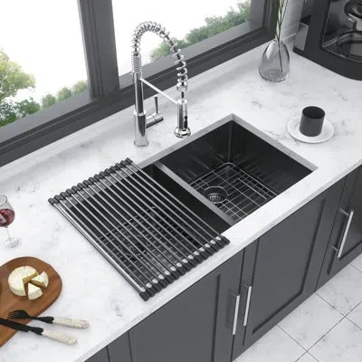 Joanna Vargas 16 Gauge 33"x19" Double Bowl  50/50  Undermount Kitchen Sink In Gunmetal Black, 10" Deep, Hand - Cra