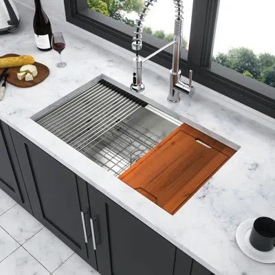 Joanna Vargas 16 Gauge Single Bowl Undermount Kitchen Sink 28"x19"x10", 304 Stainless Steel, Workstation With Slid In Brushed Nickel