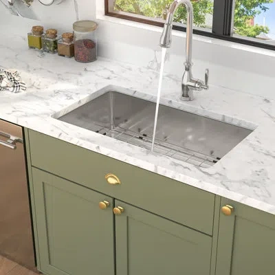Joanna Vargas 16 Gauge Undermount Kitchen Sink, 32"x19", Single Bowl, T304 Stainless Steel, Rear - Drain, 10 Inch  In Brushed Nickel