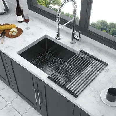 Joanna Vargas 23" Gunmetal Black Undermount Single Bowl Kitchen Basin, 16 Gauge T304 Nano Stainless Steel, 10-inch In Gun Metal