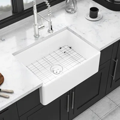 Joanna Vargas 28 - Inch White Ceramic Single Bowl Sink For Kitchen: Featuring Drain Assembly, Bottom Grid, 304 Sta