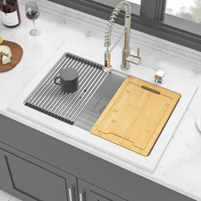 Joanna Vargas 30x22" White Quartz Kitchen Sink Workstation, Non - Porous Surface, Quiet And Strong, Fits Common Ga In Silver