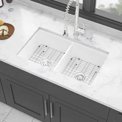 Joanna Vargas 32" Ceramic Double Bowl Sink - White Rectangular Basin For Versatile Kitchen Functions Convenient Us In Silver