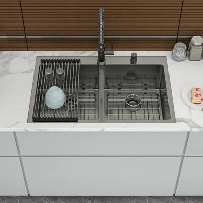 Joanna Vargas 33" Double Bowl Kitchen Sink In Gunmetal Black, 16 Gauge, 50/50 Design For Simultaneous Cleaning, Dr