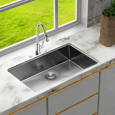 Joanna Vargas 33 Inch 16 Gauge Undermount Stainless Steel Kitchen Sink 9 Deep Single Bowl Basin, Comes With Drain  In Gray