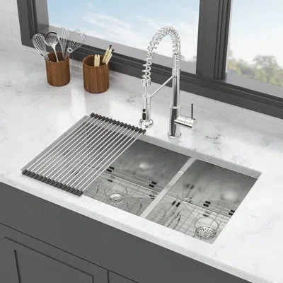 Joanna Vargas 33 - Inch 60/40 Undermount Double Bowl Kitchen Sink In Brushed Nickel, 16 Gauge Stainless Steel Cons
