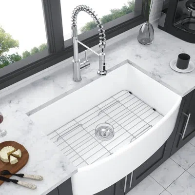 Joanna Vargas 33 Inch Ceramic Sink White - Arch Edge Apron Front Single Bowl 33" With Front, In Silver