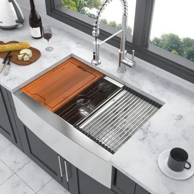 Joanna Vargas 33 Inch Stainless Steel Double Bowl  60/40  Sink With Apron Front And Work Area, Brushed Nickel, Pac In Brown