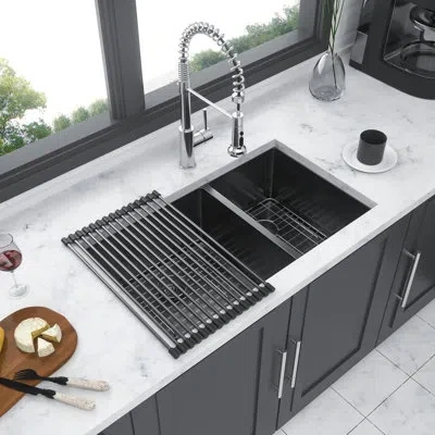 Joanna Vargas 33" Kitchen Sink Double Bowl - Gunmetal Black Stainless Steel, 10" Deep Basin, Increases Efficiency 