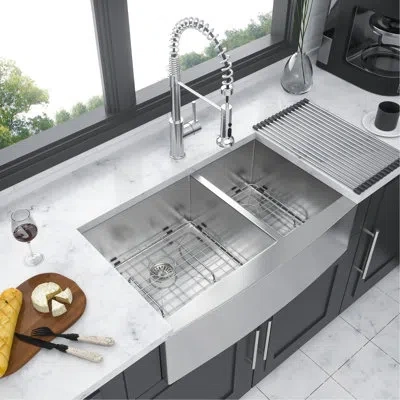 Joanna Vargas 36" Double Bowl, Stainless Steel, 16 Gauge, Kitchen Sink, X - Shaped Water Guide, Pad, Brushed Nicke In Silver