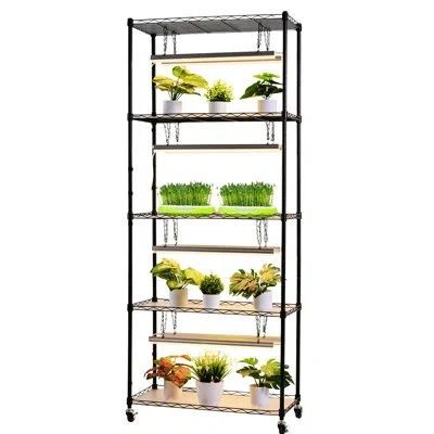 Joanna Vargas 5 Indoor Plant Shelf With 80w T5 Led Full Spectrum Grow Lights, 4/9/14h Timer, Wheels, Steel For Pot In Black