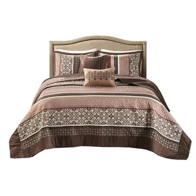 Joanna Vargas 5 Piece Quilt With Red And Channel Stitching, Full/queen Pieces 2 Decorative Pillows, In Brown
