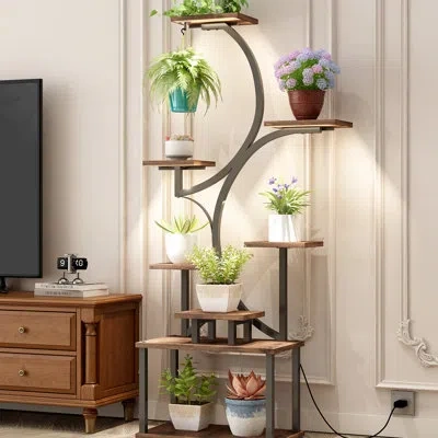 Joanna Vargas 62" Indoor Plant Stand With Adjustable Grow Lights, 8 S-shaped Design, Heavy-duty Iron Frame, Walnut In Brown