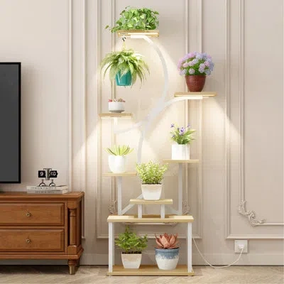 Joanna Vargas 62" Tall Plant Shelf With Timer-enabled Three Lights, 8 Pot Stands For Indoor Storage In Living Room In White