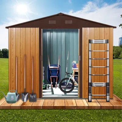 Joanna Vargas 8ft X 6ft Metal Shed With Foundation, Galvanized Steel Protected & Functional Storage Frame Weather- In Coffee