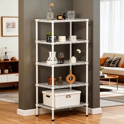 Joanna Vargas Adjustable 5 Tier Metal Shelving Unit For Bathroom And Kitchen - Strong Stable Organizer Heavy Duty  In White
