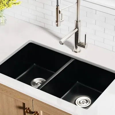 Joanna Vargas Black Quartz 32" X 18" Double Bowl Undermount Sink - Heat , Stain Scratch Rust Basket Strainer For U