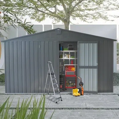 Joanna Vargas Dark Gray Backyard Cabin 11'x 9', Galvanized Steel Frame, Lockable Door, Plentiful Room For Tools & 