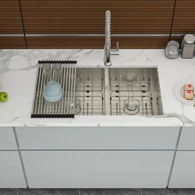 Joanna Vargas Double Bowl 60/40  Undermount Kitchen Sink 28"x19" 16 Gauge, Two 10" Deep Basins, Rear 3.5 Drain, X  In Silver
