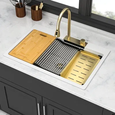Joanna Vargas Drop In Waterfall Kitchen Sink - 33x22" White Quartz Composite, Single Bowl Workstation With Pull-ou In Gold