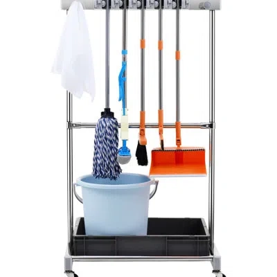 Joanna Vargas Garage Organization Tool Rack, 10 Slots For Tools, Rake, Broom, Stand With Wheels And Hooks, Industr In Silver
