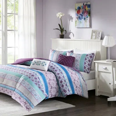 Joanna Vargas Global Inspired Twin Bedding , , 2 Shams, Decorative Pillows, Microfiber Comforter Purple Print Fabr In Blue