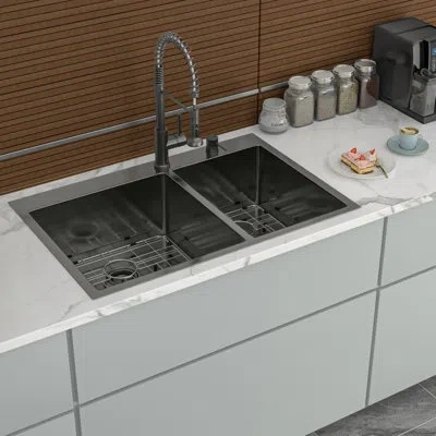 Joanna Vargas Gunmetal Black 33" Double Bowl Drop In Kitchen Sink 16 Gauge 60/40 - Bowl Style, 10" Deep, Hand Buil