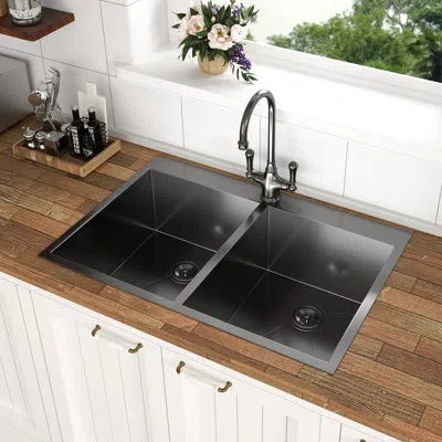 Joanna Vargas Gunmetal Black Double Bowl Sink - 33x22 Inch, 18 Gauge Stainless Steel, For Kitchen 33x22, With Thic In Silver