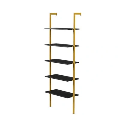 Joanna Vargas Industrial Lift Top Coffee Table With Hidden Compartment And Golden Metal Frame, 5 - Tier Bookshelf  In Black