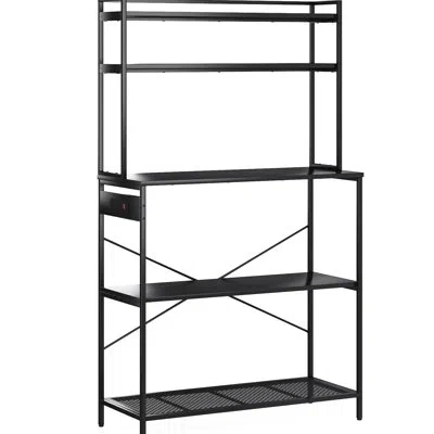 Joanna Vargas Large 5 Bakers Rack With Electrical Outlets, 39 Inch Microwave Stand, Coffee Bar & Kitchen Storage S In Black