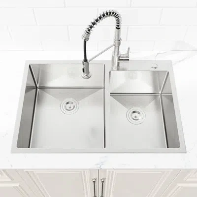 Joanna Vargas Modern 33"x19" Double Bowl Sink - Stainless Steel, Overmount, With And Sound-absorbing Design Steel  In White