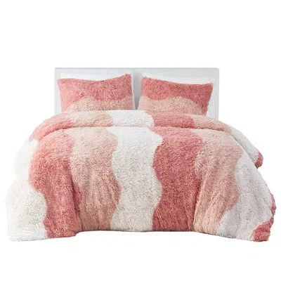 Joanna Vargas Ombre Shaggy Faux Fur Comforter Queen Size, Filled, Tonal Wave Pattern, 2 Shams, Microfiber Back, Ma In Pink