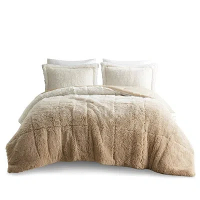 Joanna Vargas Queen Size Ombre Shaggy Fur Comforter - Filling, Warm Faux Mink Reverse, Includes 2 Shams Cozy Mini  In Brown