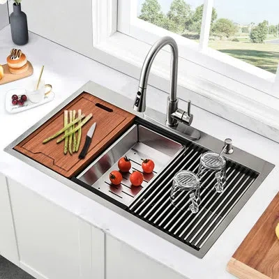 Joanna Vargas Stainless Steel Workstation Kitchen Sink 30 In, 2 Single Bowl Drop-in With Bottom Grid, Basket Strai In Black