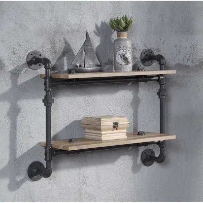 Joanna Vargas Water Pipe Style 2 Tier Wall Shelf, Oak Finish, Metal Frame, 23"l 12" For Stylish Office Decor Mount In Brown