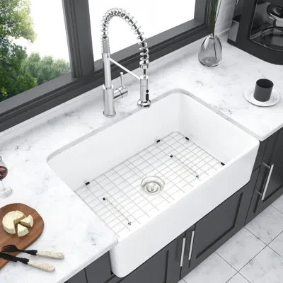 Joanna Vargas White Ceramic Sink 30 Inch - Apron Front For Kitchen Reversible Single Bowl And Stylish Characterist In Silver