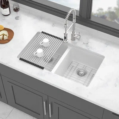 Joanna Vargas White Quartz 33x19" Double Bowl  50/50  Undermount Kitchen Sink, High - End, And Smooth, Package Wit In Silver