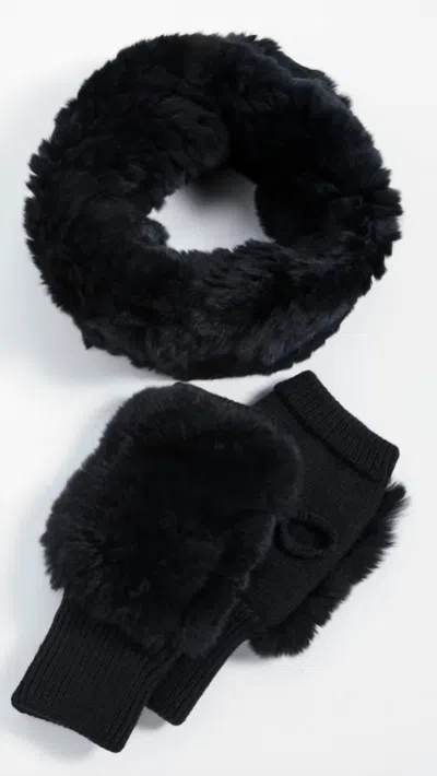 Jocelyn Dyed Rex Rabbit Cowl & Mitten Set In Black