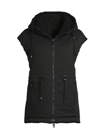 Jocelyn Women's Faux Shearling Reversible Hooded Vest In Black