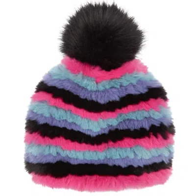 Jocelyn Women's Snow Striped Faux Fur Fully Knitted Hat In Pink Multi