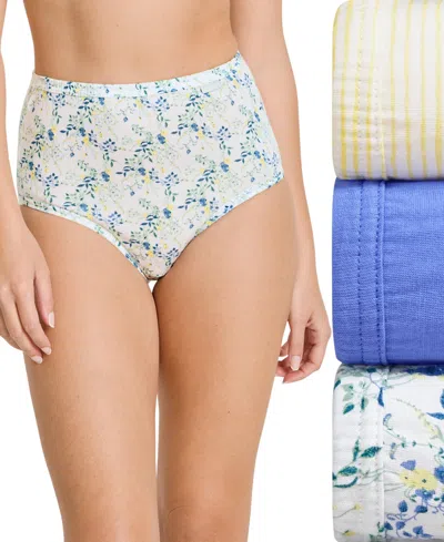 Jockey Elance Brief 3 Pack Underwear 1484, 1486 Extended Sizes In Iris Blue,tender Stripe Yellow-print,dai
