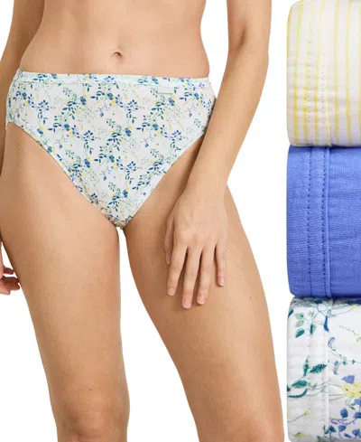 Jockey Elance French Cut 3 Pack Underwear 1485 1487, Extended Sizes In Iris Blue,tender Stripe Yellow-print,dai